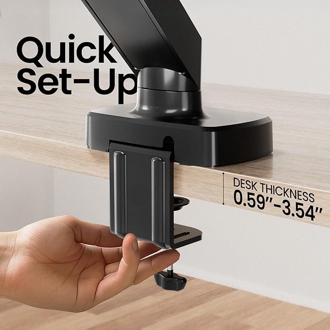EVEO Premium Single Monitor Arm 14"–34", Adjustable Gas Spring Monitor Mount, Single Arm Desk Mount for 34 Inch Computer Screens, VESA Compatible Stand with Clamp and Grommet Base – Black-DeskLoop Office