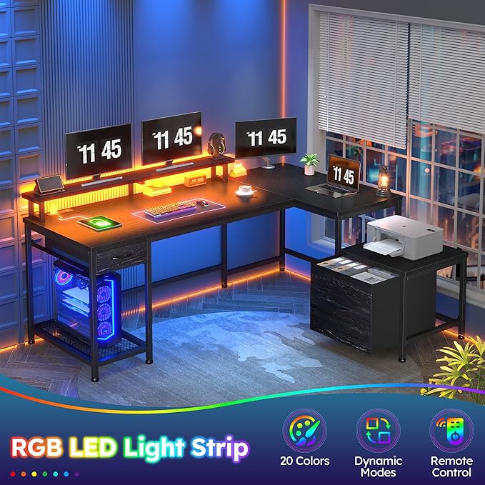 L Shaped Computer Desk with Drawers, Gaming Desk with LED Lights & Monitor Shelf, Office Desks with Power Outlets, Corner Desks for Home Office, Study Room and Bedroom, Black-DeskLoop Office