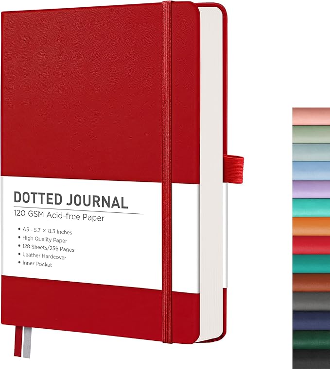 RETTACY Bullet Dotted Journal Notebook, 256 Pages, A5 Medium Size (5.7'' × 8.3''), Leather Hardcover, 120 GSM Thick Paper, for Bullet Journaling, Planning, Tracking (Red)-DeskLoop Office