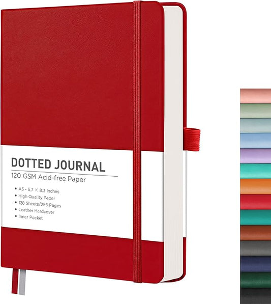 RETTACY Bullet Dotted Journal Notebook, 256 Pages, A5 Medium Size (5.7'' × 8.3''), Leather Hardcover, 120 GSM Thick Paper, for Bullet Journaling, Planning, Tracking (Red)-DeskLoop Office