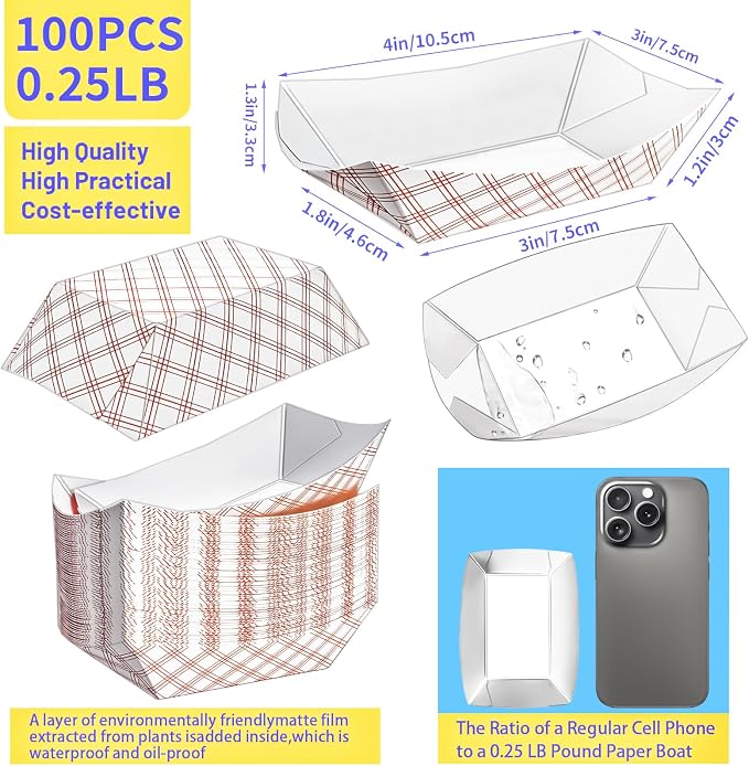 100 Pack Checkered 1/4Lb Small Paper Food Boat Trays, Mini Disposable Paper - Image 2