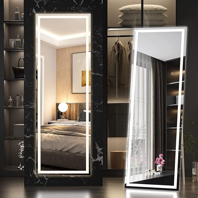 Hasipu Full Length Mirror with Lights, 56" x 15.8" LED Floor Mirror, Full Body Dressing Standing, Hanging Mounted Mirror for Living Room Bedroom Cloakroom, Square White-DeskLoop Office