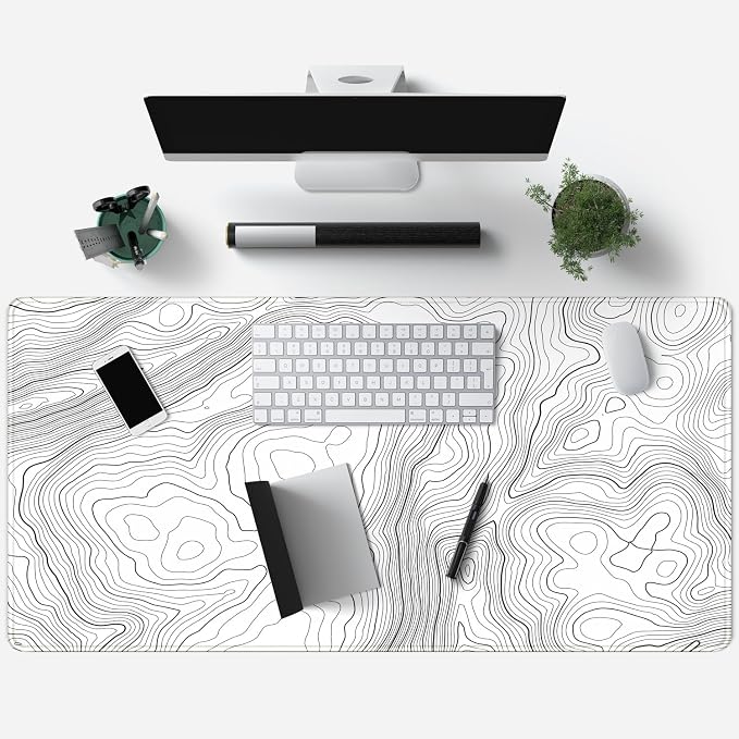 Mechanical Cattle Desk Mat Large Gaming White Mouse Pad Minimalist Topographic - Image 3