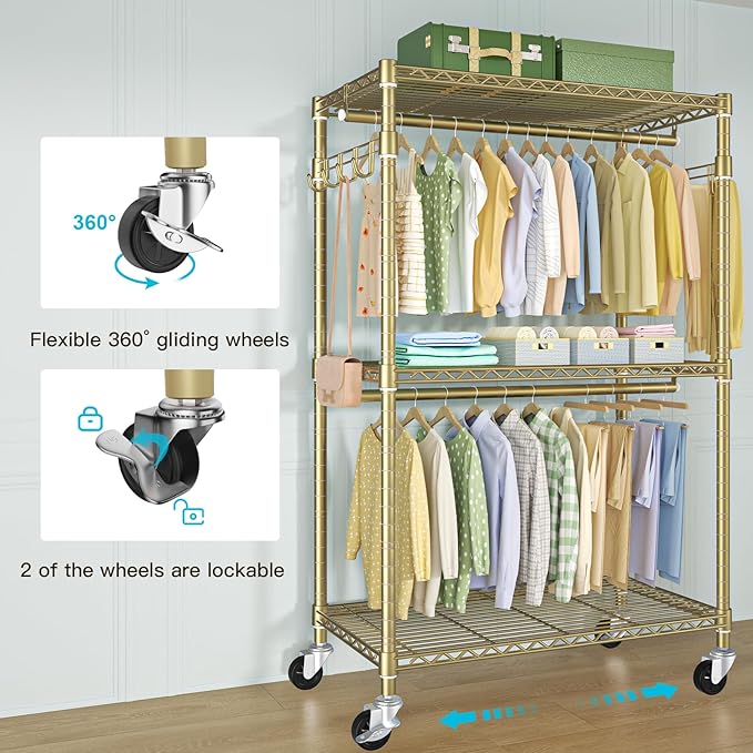 P1 Rolling Clothes Rack, Movable Metal Garment Closet Organizer with Lockable Wheels, Clothing Wardrobe with Double Hanger Rods and Hooks, 35.4" W x 15.7" D x 80.5" H, Load 450lbs, Gold-DeskLoop Office
