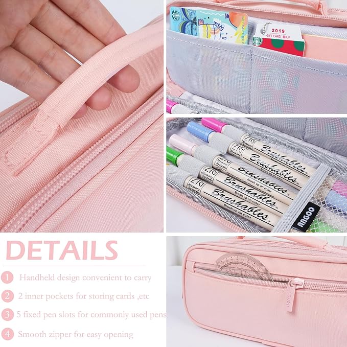 MAMUNU Pencil Case Large Capacity with 3 Compartments, Pencil Case Pouch Bag with Zipper Handle Portable Pen Stationery Organizer for Teen Girls Adults College School Office Travel, Pink-DeskLoop Office
