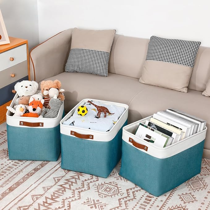 DULLEMELO Large Storage Basket, Collapsible Storage Bins Decorative Storage Baskets for Home Shelves Bedroom, Linen Fabric Basket with Leather Handles for Toys Books Organizing(White&Teal-DeskLoop Office
