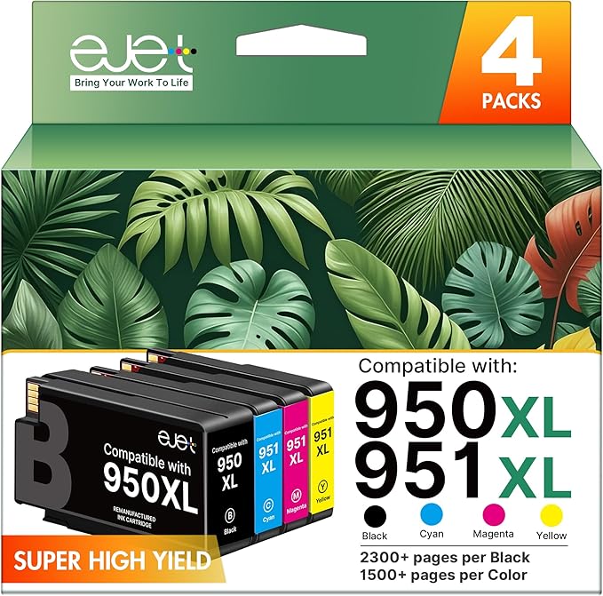 ejet 950XL and 951XL Ink Cartridges Combo Pack Compatible for HP 950 951 Ink Cartridges Combo Pack Use for OfficeJet Pro 8600 8610 8615 8620 8625 8100 8630 8660 276DW 251DW, Black Cyan Magenta Yellow-DeskLoop Office