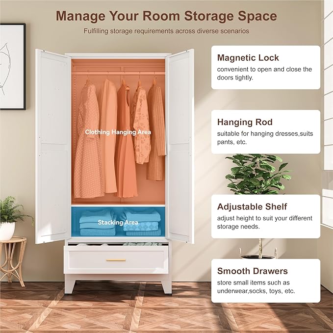 Farmhouse Wardrobe Cabinet with One Drawers,Metal Wardrobe Closet with Hanging Rod,Metal Armoire with Adjustable Shelves for Bedroom,Living Room, Cloak Room,Office (White)-DeskLoop Office