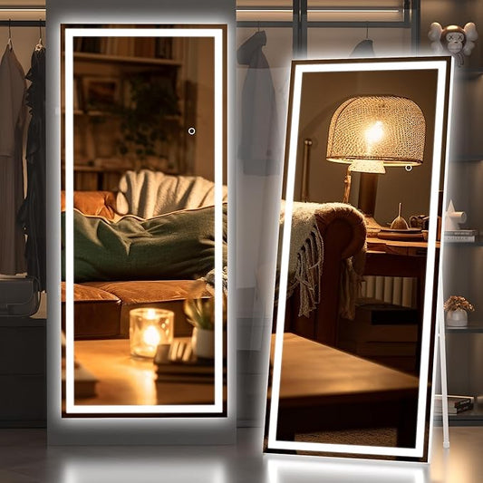 Hasipu Full Length Mirror with Lights, 67" x 24" LED Lighted Floor Standing, Full Body Dressing Hanging Mounted Mirror, Dimmable, Tempered Glass, Safe to Use, Square White-DeskLoop Office
