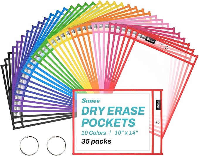 SUNEE 35 Packs Oversized Reusable Dry Erase Pocket Sleeves by SUNEE