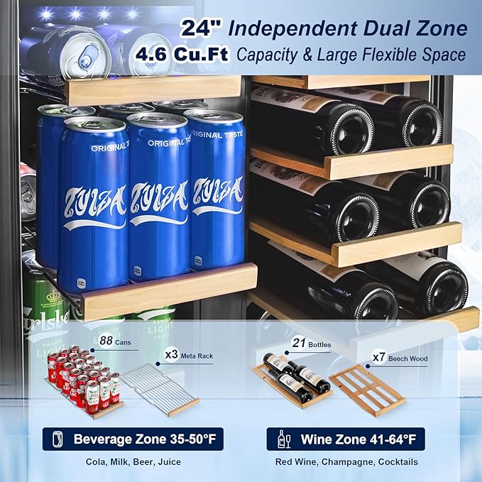 Wine and Beverage Refrigerator with Glass Door, 24-Inch Dual Zone Wine Fridge Under-Counter,4.6 Cu.Ft. 65 Cans and 20 Bottles Wine Cooler,Built-in or Freestanding Wine and Drink Fridge with Blue Light-DeskLoop Office