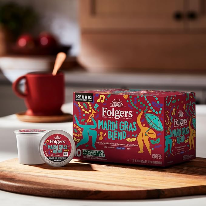 Folgers Mardi Gras Blend Medium-Dark Roast Coffee, Keurig K-Cup pods, 10 Count Box (Pack of 6)-DeskLoop Office