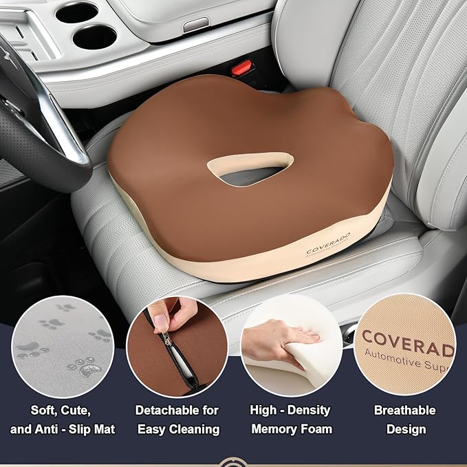 Coverado Car Seat Cushion, Memory Foam Office Chair Cushion for Car, Everlasting Comfort Sciatica & Hip & Tailbone Pain Relief Cushion for Long Sitting Driver Office Worker-Beige-DeskLoop Office