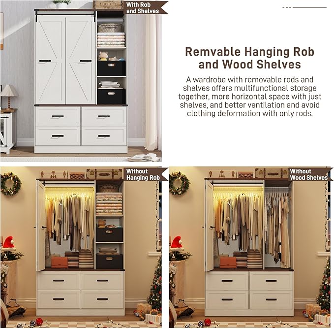 Farmhouse 3 Doors Armoire Wardrobe Closet w/Folding Sliding Barn Door and Lights, LED Armoire Closet w/Drawers for Bedroom, Freestanding Wooden Wardrobe Storage Closets w/Hanging Rod,Antique White-DeskLoop Office