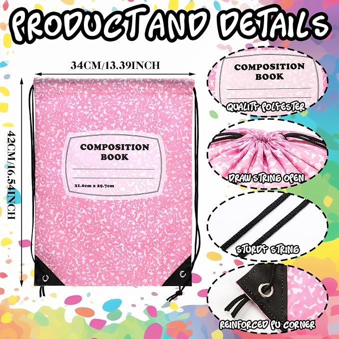 18 Pcs Back to School Composition Book Drawstring Bag Bulk 13"x16" Backpacks - Image 3
