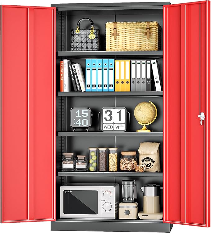 INTERGREAT Metal Lockable Storage Cabinet, 72” H Storage Cabinet with 2 Doors and 4 Adjustable Shelves for Office, Home, Garage, Pantry (Assembly Required, 18”D, Black Red)-DeskLoop Office