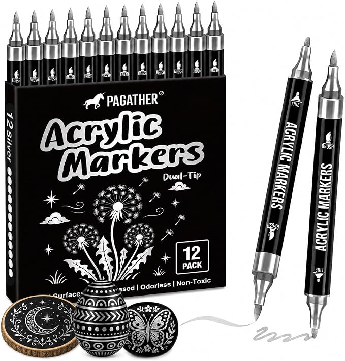 Pagather Silver Acrylic Paint Markers, 12 Pack Dual Tip by Pagather