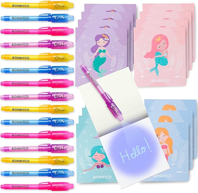 BONNYCO Invisible Ink Pen and Notebook Pack 16 Mermaid Party Favors for Kids, Magic Spy Pen Goodie Bags Stuffers for Kids, Mermaid Party Supplies, Goody Bag Stuffers | Return Gifts Birthday Prizes-DeskLoop Office