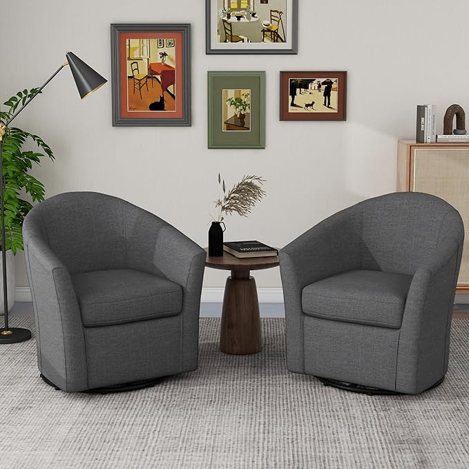 UIXE 360° Swivel Barrel Accent Chairs Set of 2, Modern Round Arm Chair Upholstered Club Armchair, Single Sofa Seating in Fabric for Living Room, Bedroom (Dark Grey)-DeskLoop Office