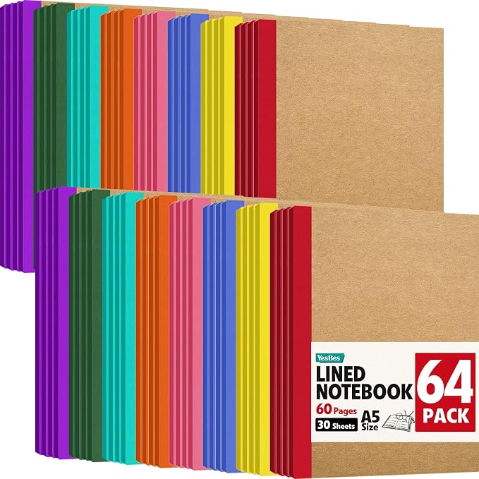 YesBes 64 Pack Composition Notebooks Bulk, A5 Kraft Cover Lined Journaling by YesBes