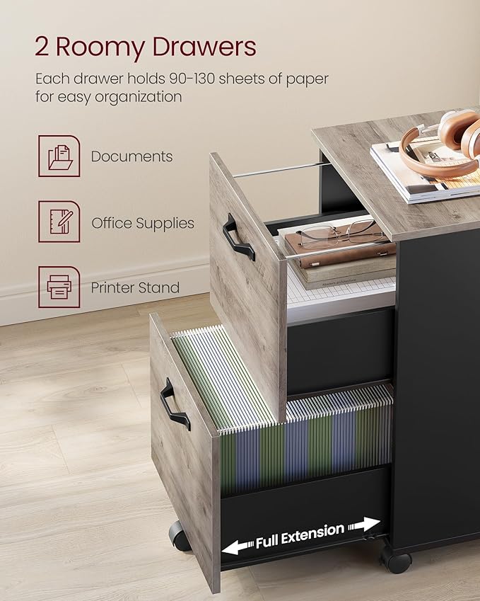 VASAGLE 2-Drawer File Cabinet, Small Rolling Filing Cabinet for Home Office, Printer Stand, for A4, Letter-Size Documents, 15.7 x 16.5 x 27.6 Inches, Heather Greige and Ink Black UOFC040B02-DeskLoop Office