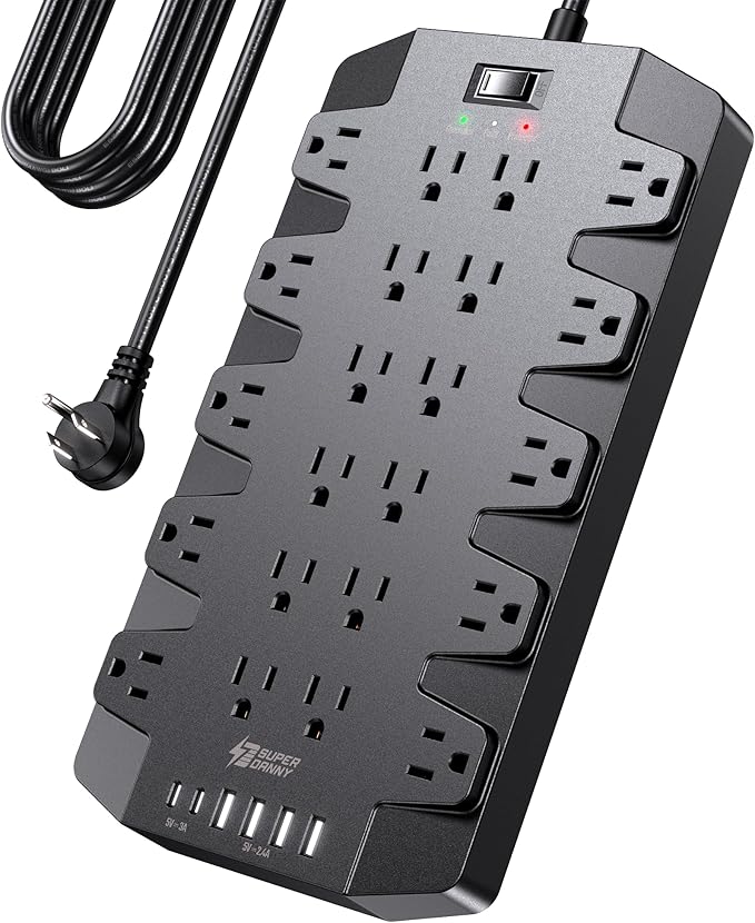 10 Ft Extension Cord Power Strips with Surge Protection, SUPERDANNY Surge Protector with 22 Outlets, 2 USB-C and 4 USB-A, 2100J, 10Ft Flat Plug Heavy Duty Extension Cord (1875W/15A) for Home, Office-DeskLoop Office
