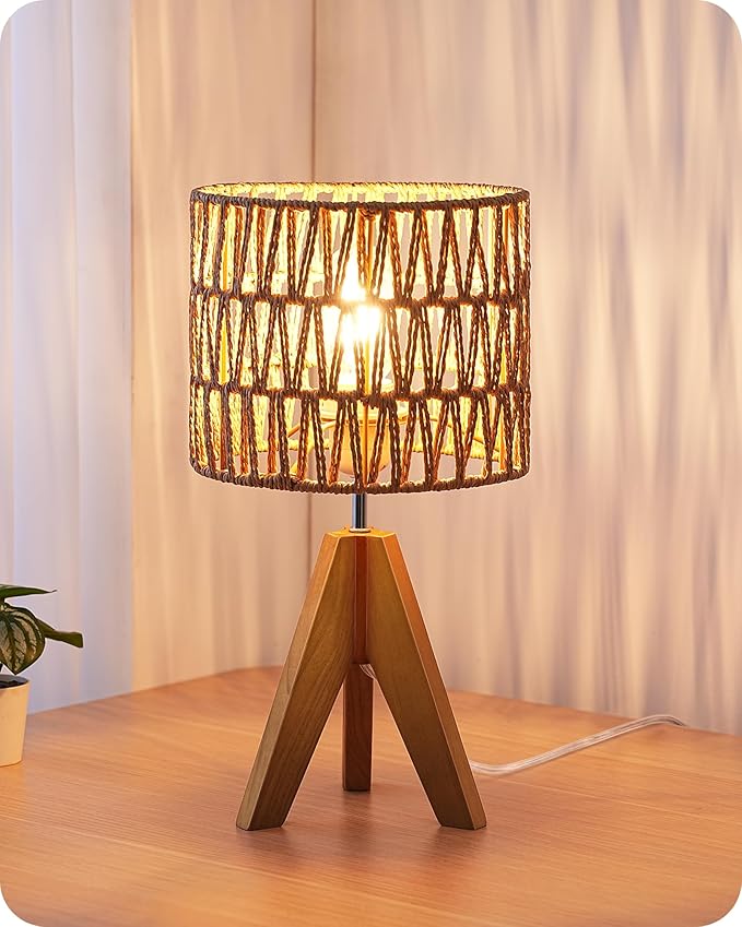 EDISHINE Small Table Lamp, Rattan Wood Tripod Bedside Lamp, Boho Nightstand Lamp by EDISHINE