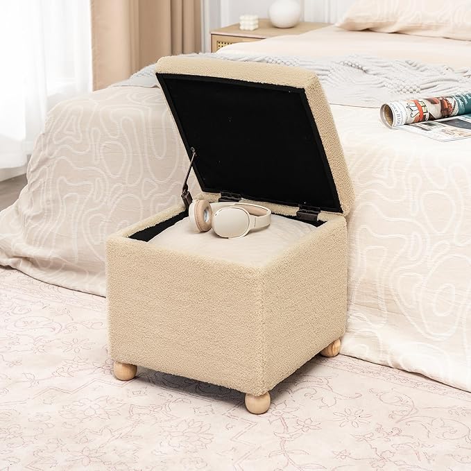 Adeco 17 Inch Soft Oatmeal Cube Ottoman Storage, Teddy Velvet Chair Foot Stools, Upholstered Vanity Stool with Hinged Lid, Solid Round Wood Legs-DeskLoop Office