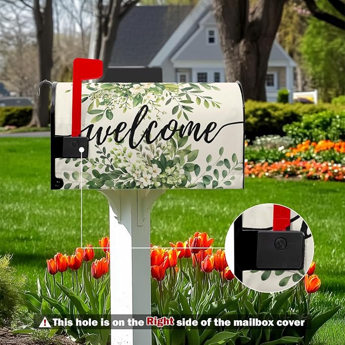 Welcome Spring Mailbox Covers Magnetic Green Eucalyptus Leaf Wreath Flowers - Image 2