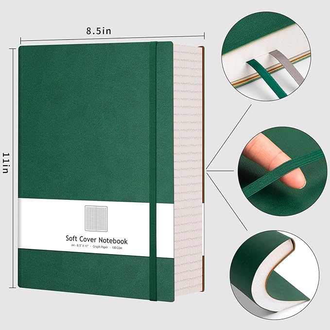 AHGXG Graph Paper Notebook - Grid Paper Notebook Large A4 8.5''×11'', 320 Pages Thick Journal, 100gsm Thick Graph Paper, Leather Softcover, Inner Pocket - Green-DeskLoop Office