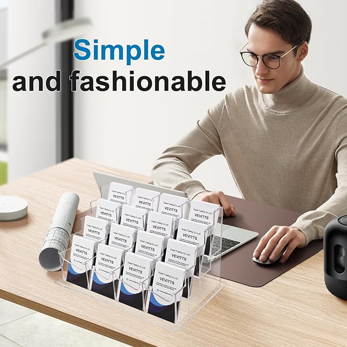 Clear Vertical Business Card Holder for Desk, Office Acrylic Business Card Display Holder Desktop Organizer Storage Cards Holders, Clear 4 Tiers 16 Pockets-DeskLoop Office