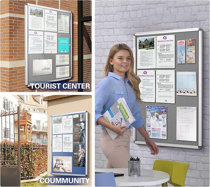 SWANCROWN Lockable Notice Board Tamperproof Enclosed Display Board for Home Office School,Wall-Mounted,Blue Fabric,26x20inch(4xA4)-DeskLoop Office