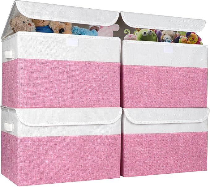 Large 22 Quart Linen Fabric Foldable Storage Bin Cube Organizer Basket with Flip-Top Lid & Handles, Clothes Blanket Box for Home, Office, Closet, Pink & White, 4 Pack 14.6 x 9.5 x 9.5-DeskLoop Office