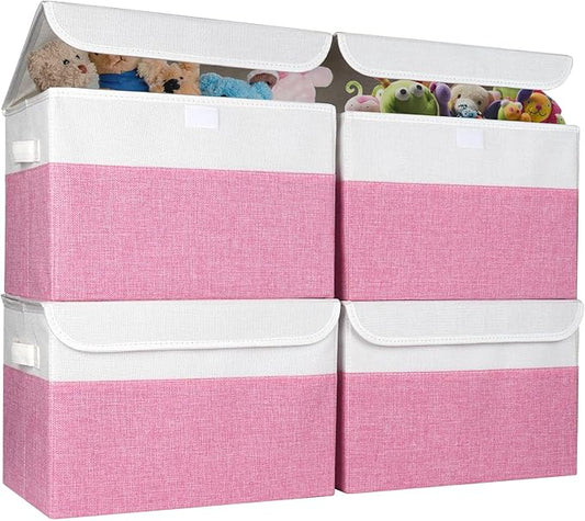 Large 22 Quart Linen Fabric Foldable Storage Bin Cube Organizer Basket with Flip-Top Lid & Handles, Clothes Blanket Box for Home, Office, Closet, Pink & White, 4 Pack 14.6 x 9.5 x 9.5-DeskLoop Office