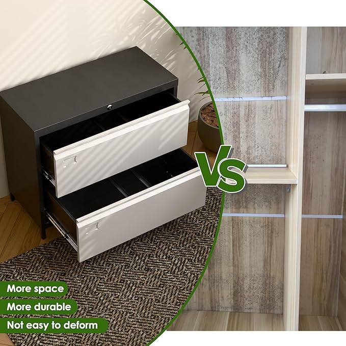 Metal 2 Drawer Lateral File Cabinet with Lock & Adjustable Feet - Wide Filing Cabinet for Letter/Legal/F4/A4 Hanging Files - Includes Business Card Holder,Home Office School Storage,Black/Grey-DeskLoop Office