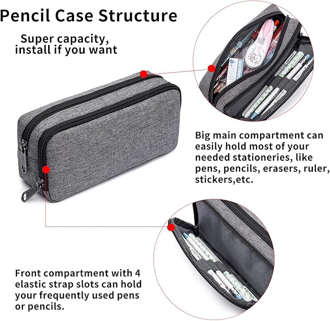 Big Capacity Pencil Pen Case Nylon Large Pencil Pouch Simple Stationery Bag Office Organizer Pen Bag for Men Women - Grey-DeskLoop Office