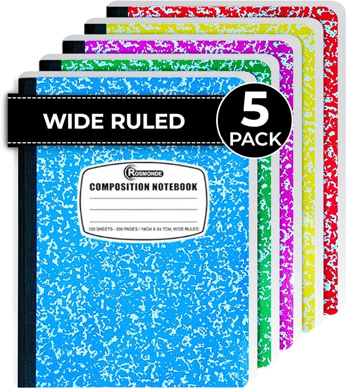 Rosmonde 5 Pack Composition Notebook Wide Ruled, 200 Pages, 9-3/4x7-1/2 by Rosmonde