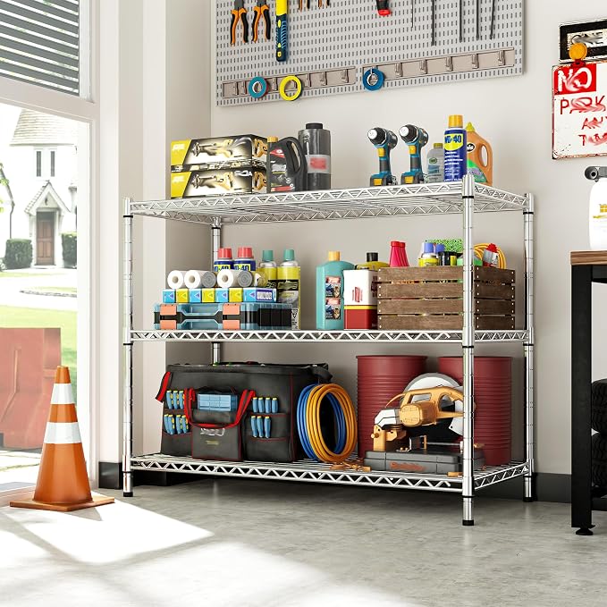 3- Shelf Metal Shelving Unit 35.6Wx14Dx36H, Adjustable Storage Shelves Heavy - Image 10