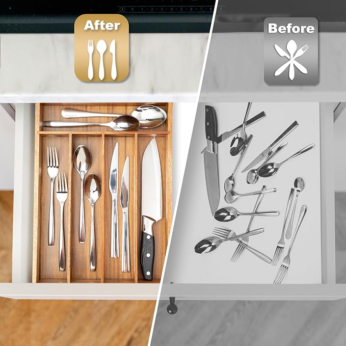 Besilord Silverware Organizer Kitchen Drawer Organizer Utensil Organizer Acacia - Image 5