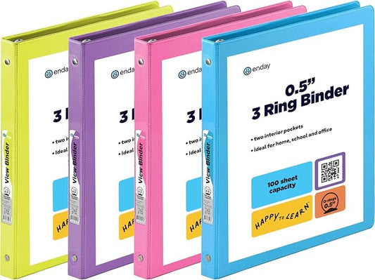 ½ Inch 3 Ring Binder .5 inch Clear View Cover by ENDAY