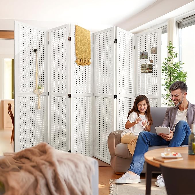 Room Divider, 5.6FT Folding Room Divider Panel, 6 Panel Pegboard Display Wood Partition Wall Divider for Room Separation& Craft Shows, White-DeskLoop Office