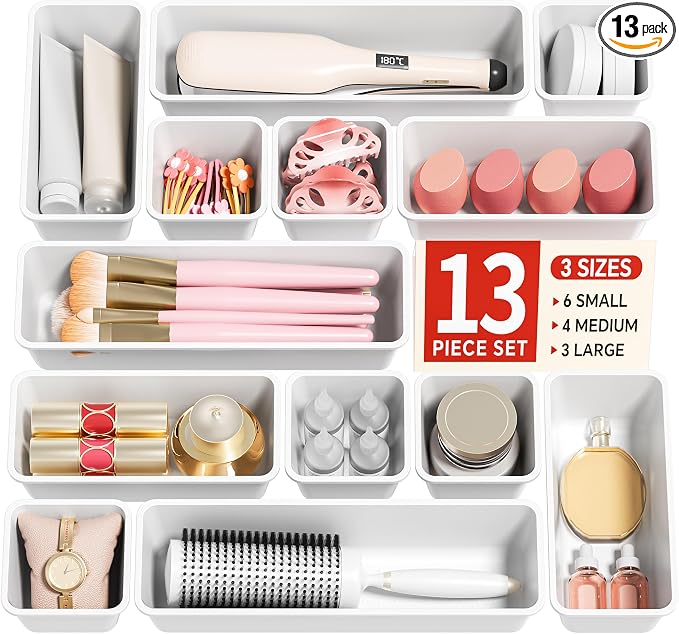 Canfanni 13 Pack Plastic Drawer Organizers Set, 3 Sizes Desk Drawer Organizer by Canfanni