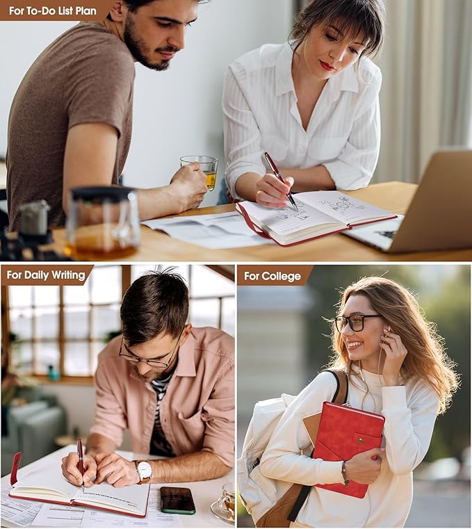 Red A5 Lined Leather Journal Notebook for Men Women,5.9" X 8.4" Personalized Hardcover Journal with Pen,200 Pages 100 Gsm Thick Ruled Paper Daily Diary for Travel,Business,Work,Writing-DeskLoop Office