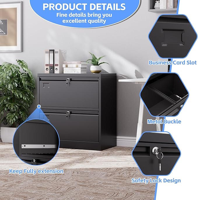 Metal 2 Drawer Lateral File Cabinet with 2 Lock - Wide Filing Cabinet for Letter/Legal/F4/A4 Hanging Files - Includes Business Card Holder,Home Office School Storage,Black-DeskLoop Office