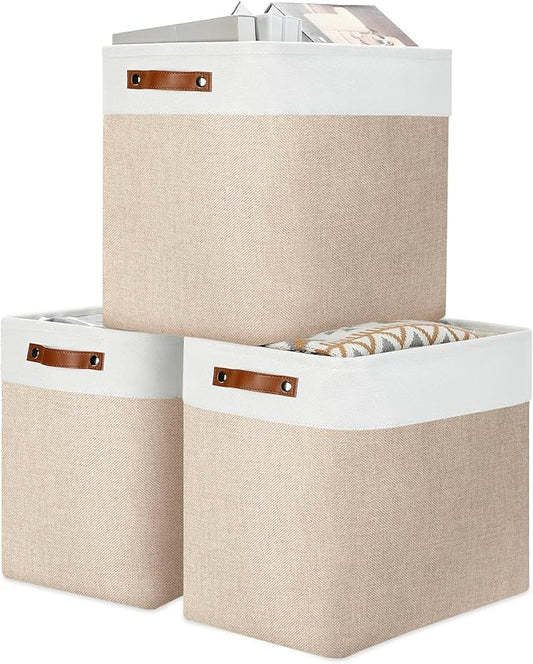 DULLEMELO Large Storage Baskets for Organizing, Canvas Storage Bins Big Baskets With Handles for Shelf Clothes Empty Gift Basket (White&Khaki)-DeskLoop Office