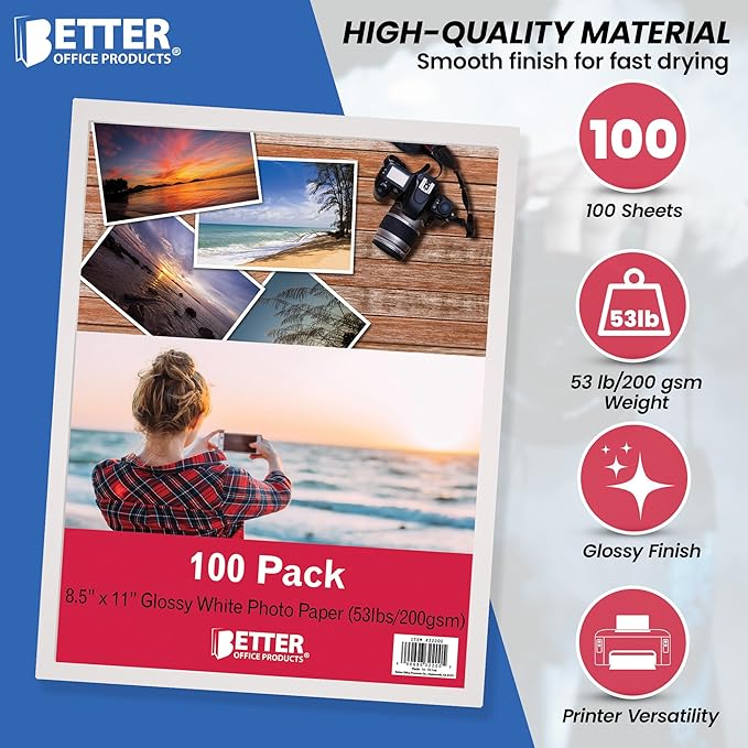Better Office Products Glossy Photo Paper, 8.5 x 11 Inch, 100 Sheets, 200 gsm/53LBS, Letter Size, 100-Count Pack-DeskLoop Office