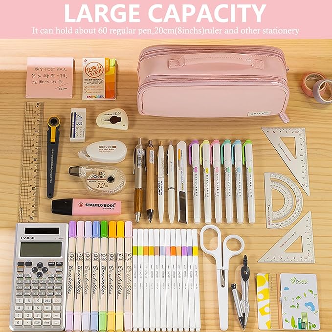 MAMUNU Pencil Case Large Capacity with 3 Compartments, Pencil Case Pouch Bag with Zipper Handle Portable Pen Stationery Organizer for Teen Girls Adults College School Office Travel, Pink-DeskLoop Office