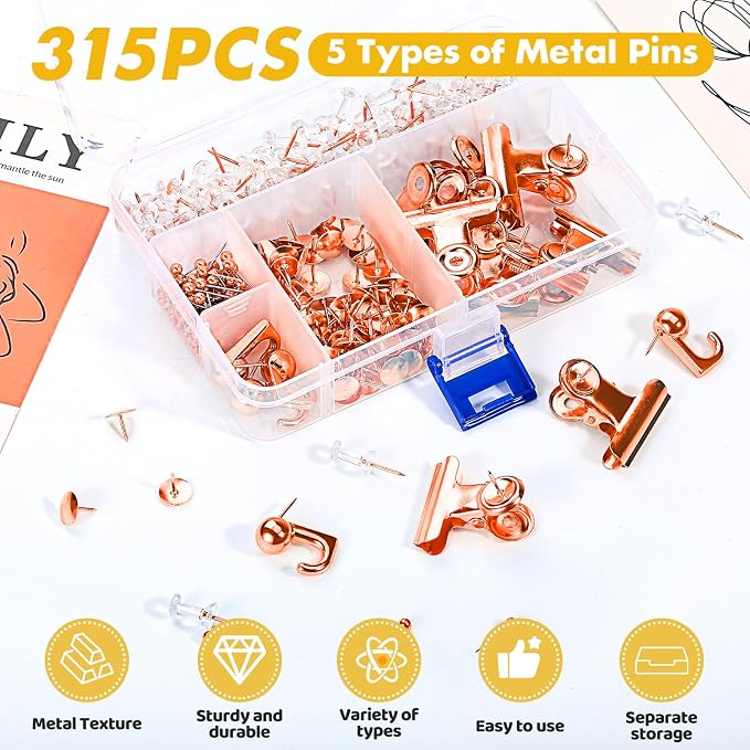 GOOLADA 315Pcs 5 Style Rose Gold Push Pins, Metal Push Pin Hooks, Push Pin Clips - Image 3