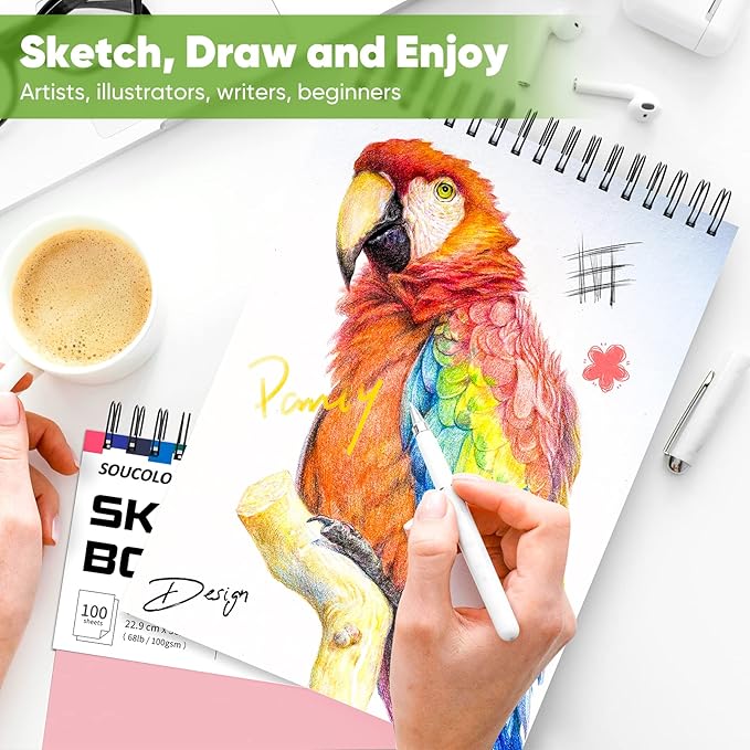 Soucolor Art Supply Set - Sketching & Drawing Kit, 9" x 12" Sketch Book, 2-Pack 100 Sheets Spiral Bound Art Sketchbook, Acid Free-DeskLoop Office