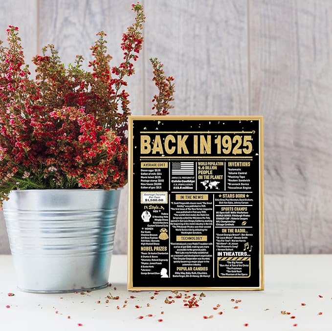 100th Birthday Card, 100th Birthday Decorations for Men Women, 100th Birthday Gifts for Grandma Grandpa, Back in 1925 Birthday Card, Black Gold